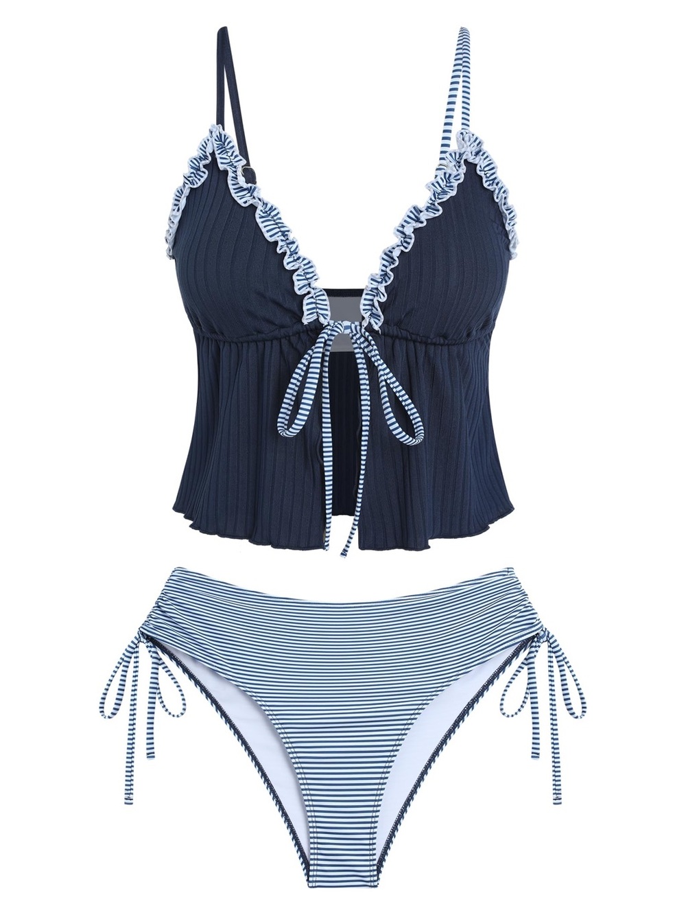 Zaful Two Piece Bikini Swimsuit Women’s Size L Blue White Front Tie Close Sexy